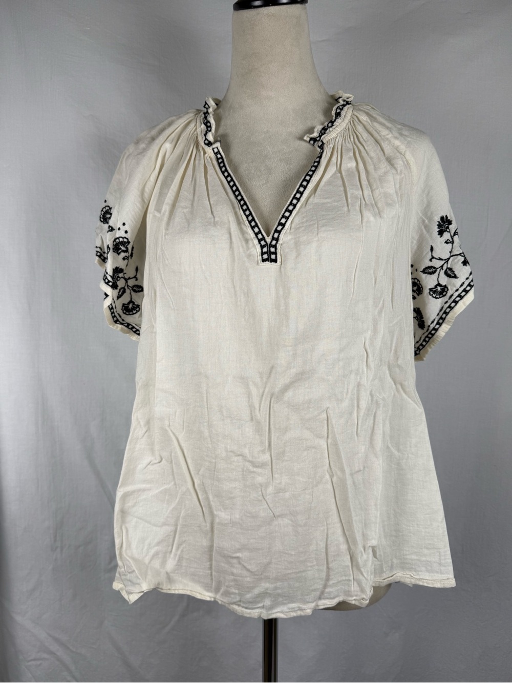 Old Navy White Peasant Blouse with Black Embroidery